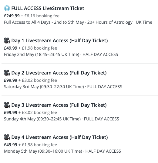 Price List for live stream event